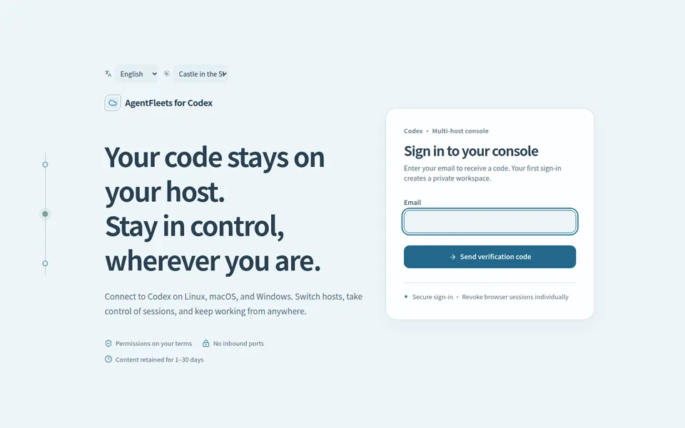 Live AgentFleets console: email verification code sign-in with a private workspace created on first use